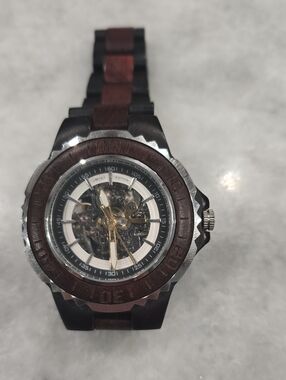 Men's Brown Wood-Accented Automatic Skeleton Watch